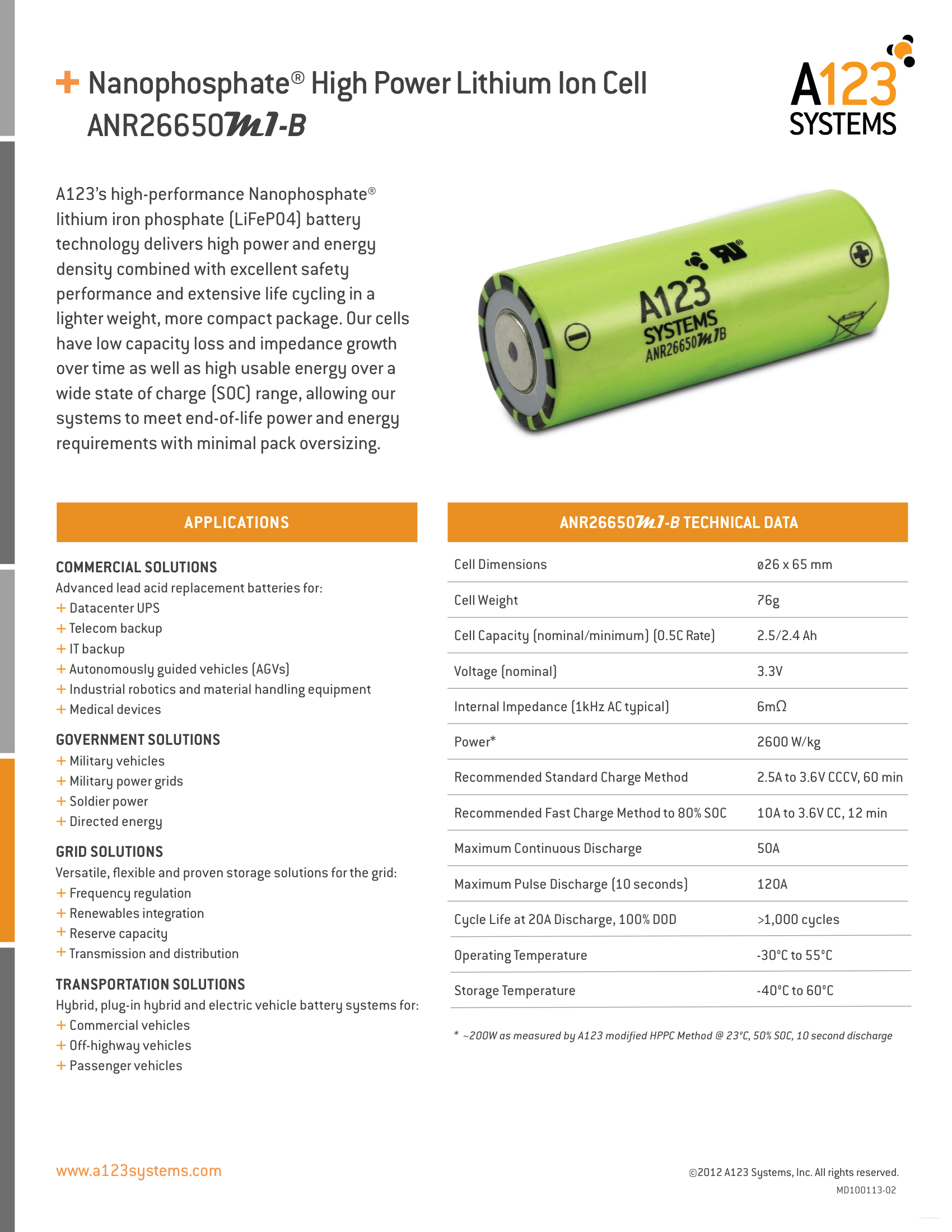 A123 Systems ANR26650 M1B 26650 2500mAh